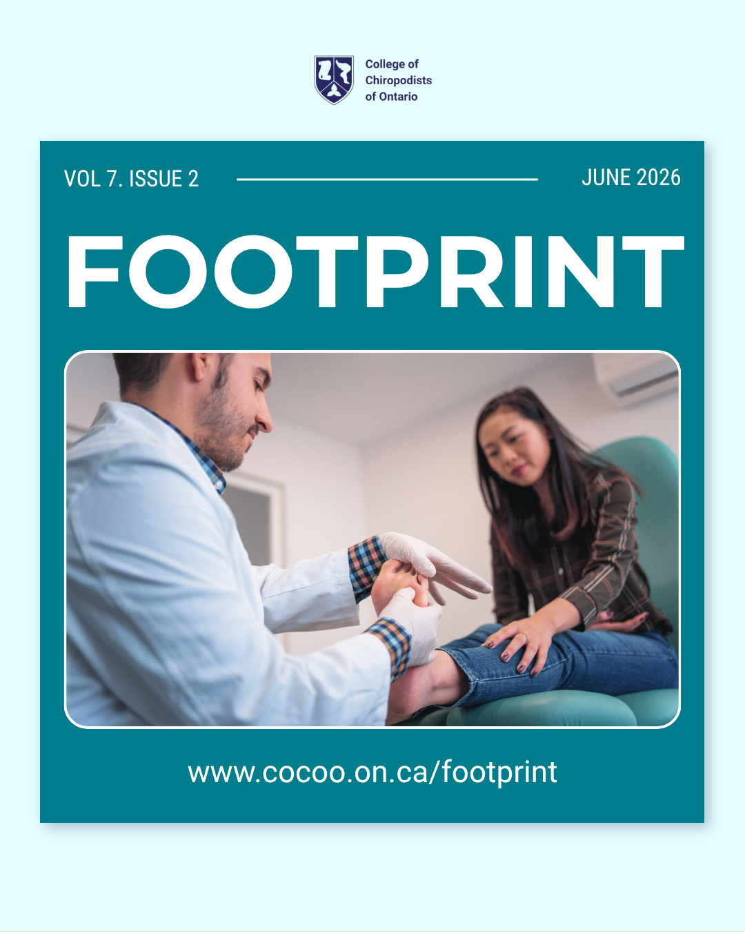 Footprint-June2026 (1) Cover image of Footprint June 2026 issue, a footcare practitioner examines a patient's foot in a clinical setting.
